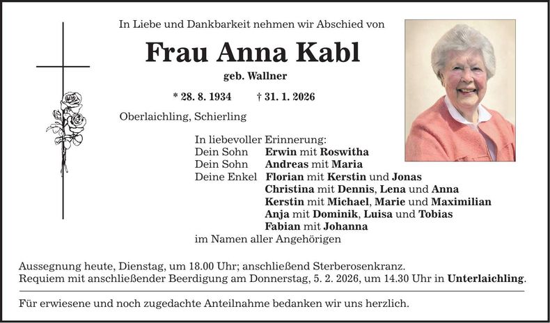 Traueranzeige Anna Kabl