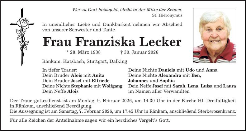 Traueranzeige Franziska Lecker