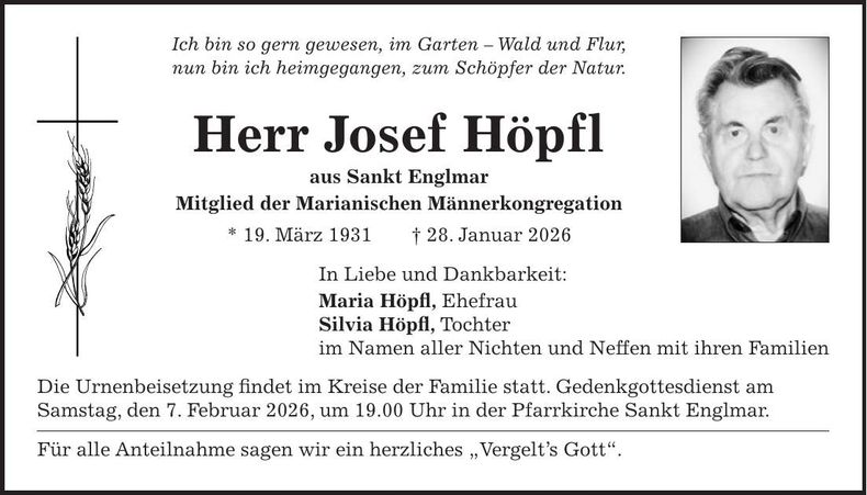 Traueranzeige Josef Höpfl