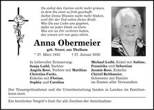 Traueranzeige Anna Obermeier