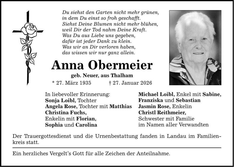 Traueranzeige Anna Obermeier