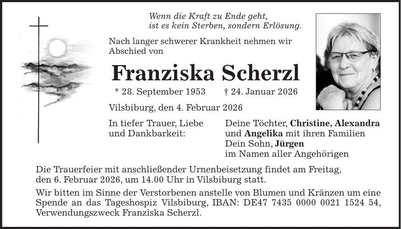 Traueranzeige Franziska Scherzl
