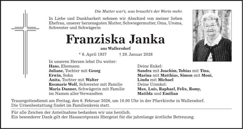 Traueranzeige Franziska Janka