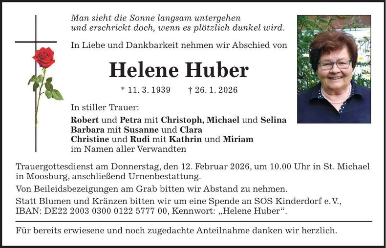Traueranzeige Helene Huber