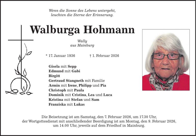 Traueranzeige Walburga Hohmann