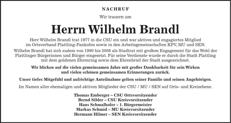 Traueranzeige Wilhelm Brandl