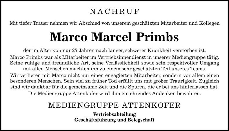 Traueranzeige Marco Marcel Primbs