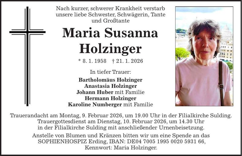 Traueranzeige Maria Susanna Holzinger