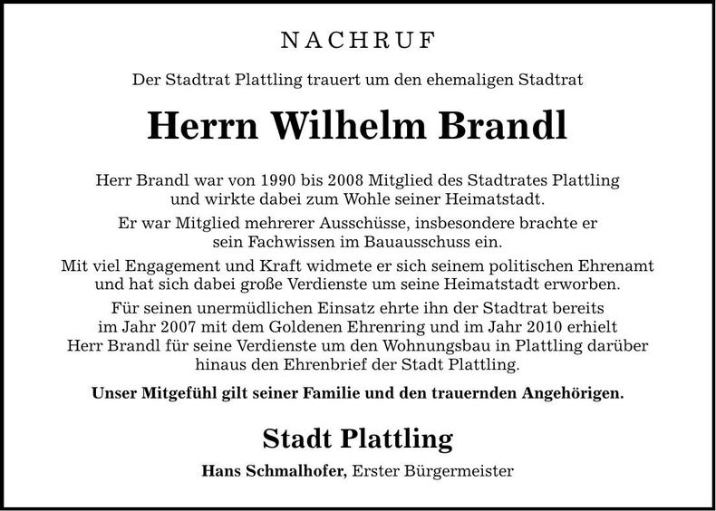 Traueranzeige Wilhelm Brandl
