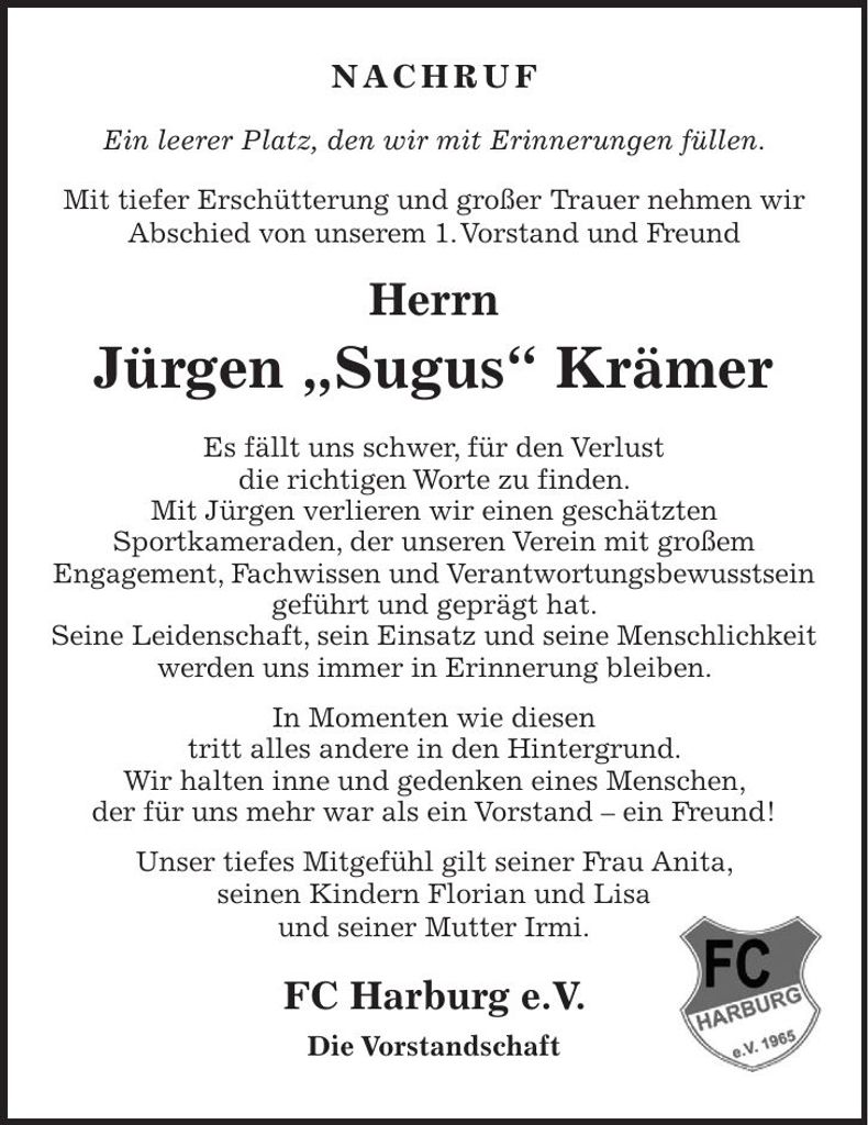 Traueranzeige Jürgen Krämer
