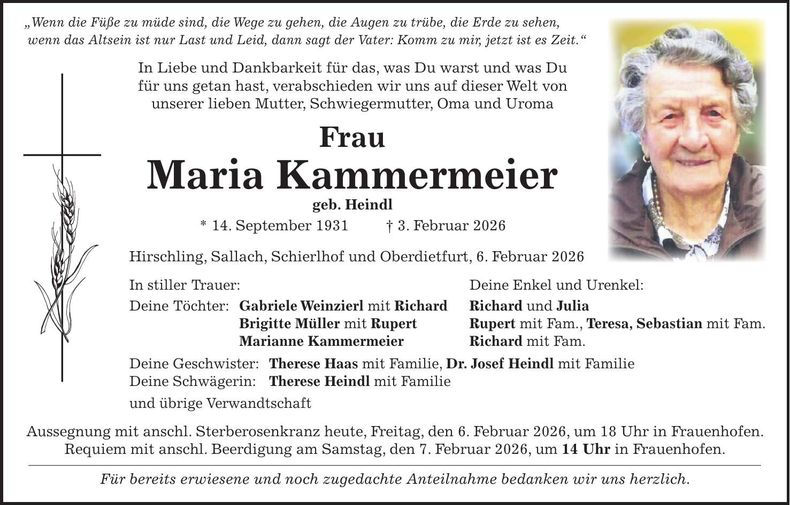 Traueranzeige Maria Kammermeier