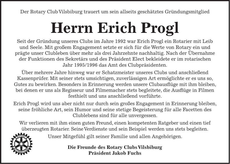Traueranzeige Erich Progl