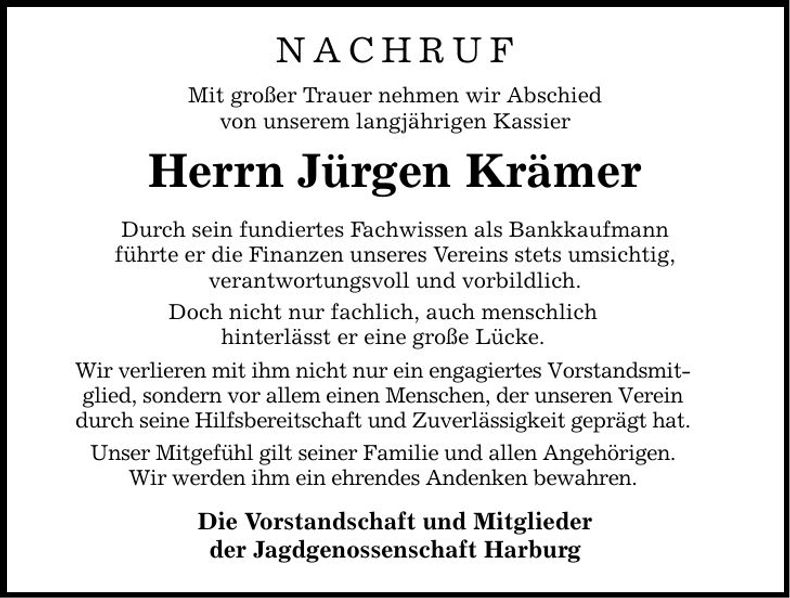 Traueranzeige Jürgen Krämer