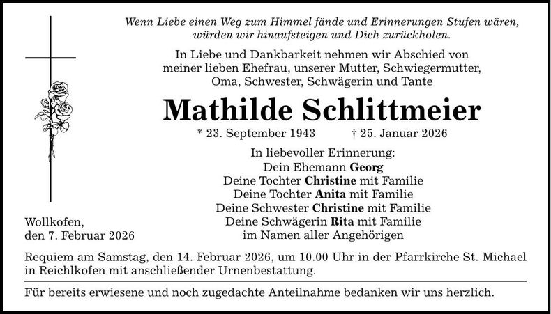 Traueranzeige Mathilde Schlittmeier
