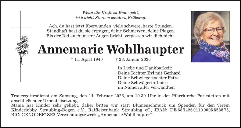 Traueranzeige Annemarie Wohlhaupter