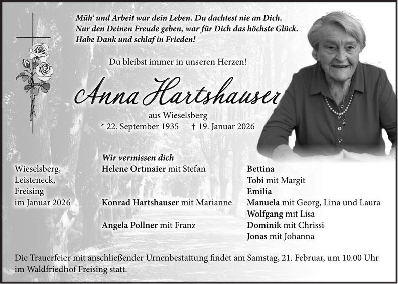 Traueranzeige Anna Hartshauser