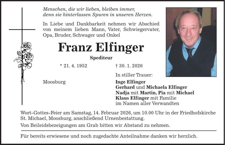 Traueranzeige Franz Elfinger