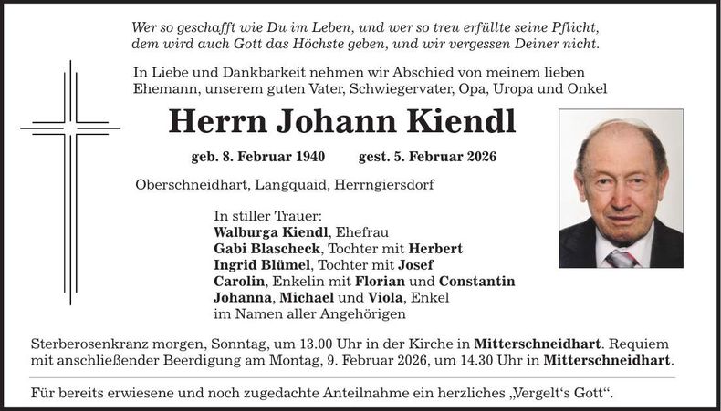 Traueranzeige Johann Kiendl
