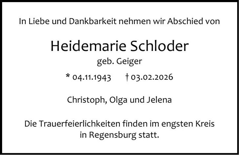 Traueranzeige Heidemarie Schloderer
