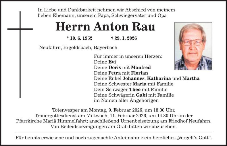 Traueranzeige Anton Rau
