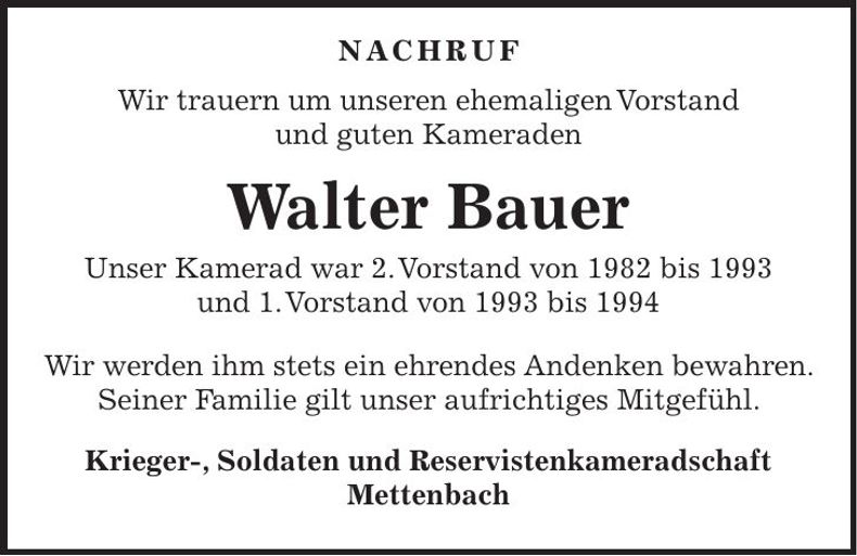 Traueranzeige Walter Bauer