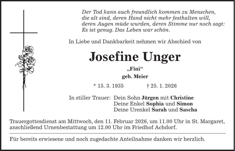 Traueranzeige Josefine Unger