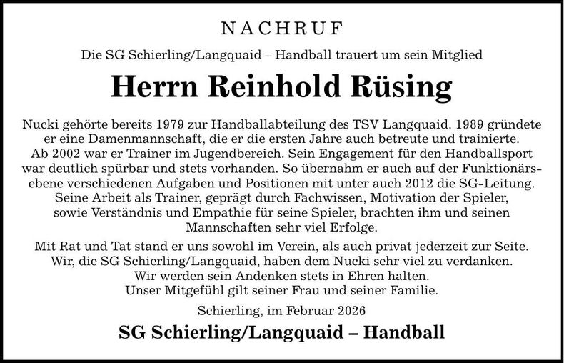 Traueranzeige Reinhold Rüsing