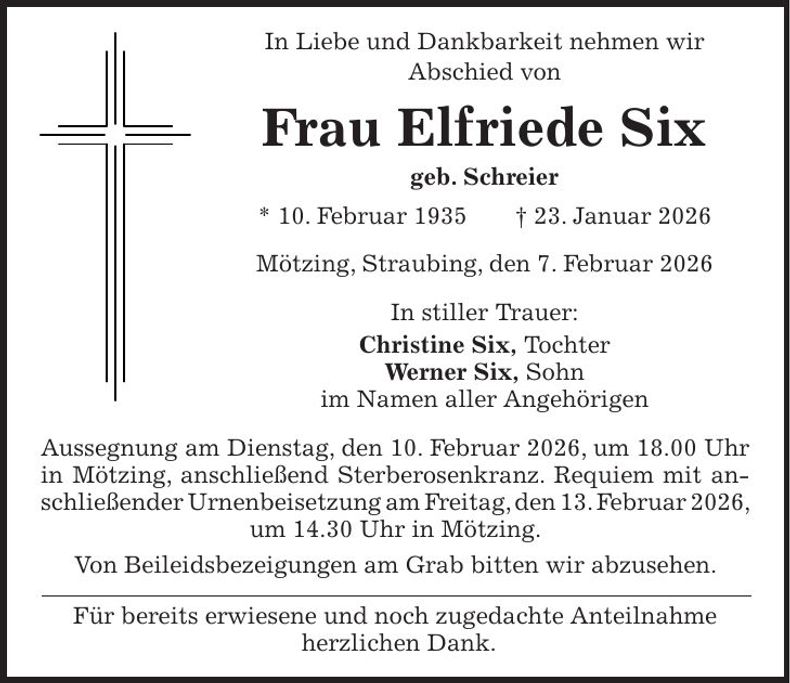 Traueranzeige Elfriede Six