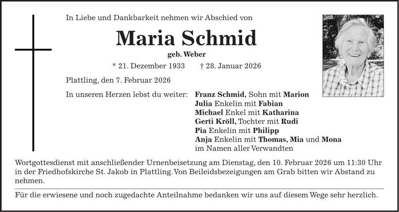 Traueranzeige Maria Schmid