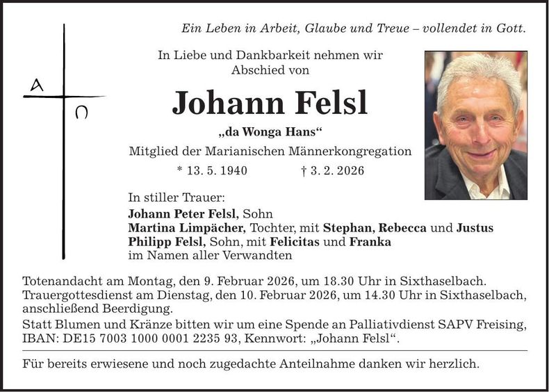 Traueranzeige Johann Felsl