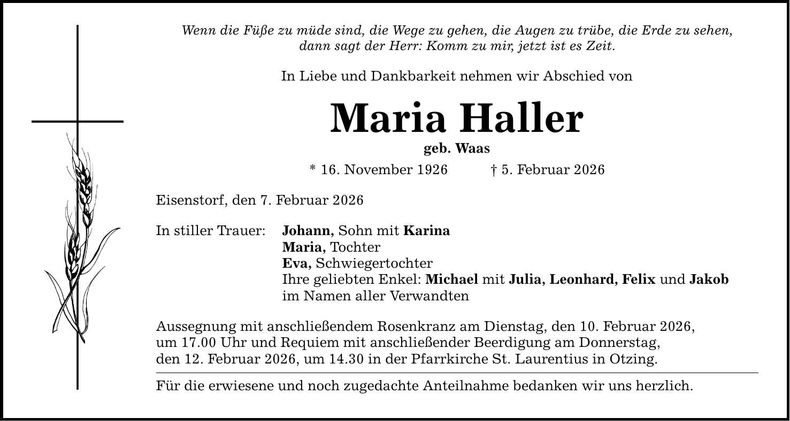 Traueranzeige Maria Haller