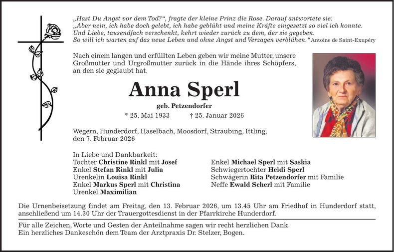 Traueranzeige Anna Sperl