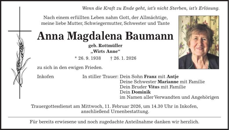 Traueranzeige Anna Magdalena Baumann