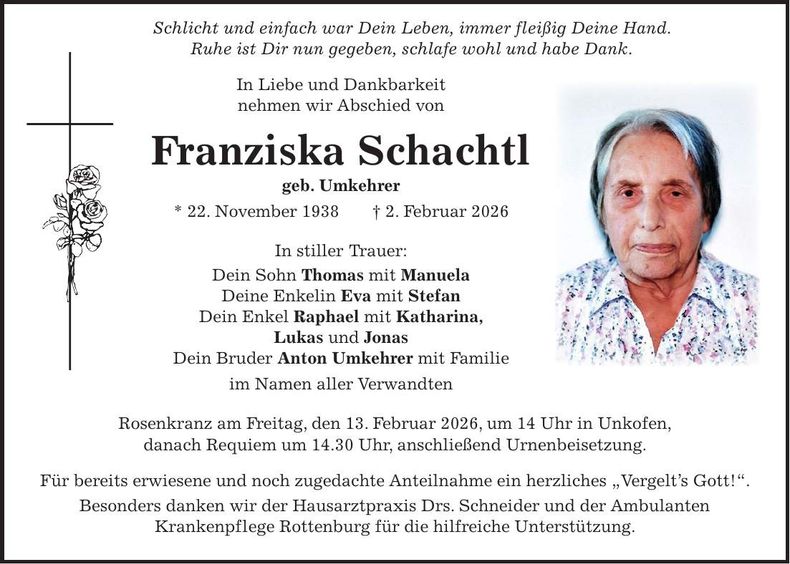 Traueranzeige Franziska Schachtl