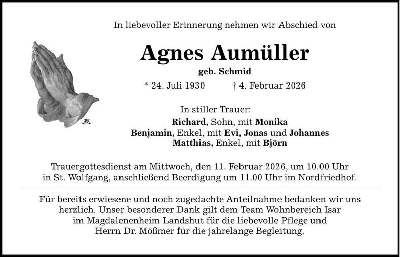 Traueranzeige Agnes Aumüller
