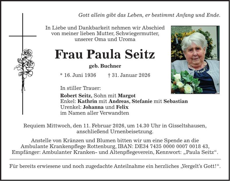 Traueranzeige Paula Seitz