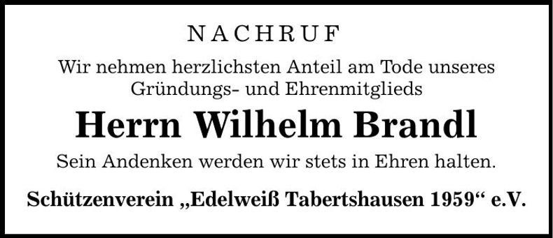 Traueranzeige Wilhelm Brandl