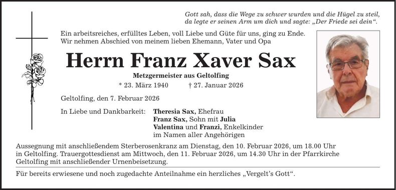Traueranzeige Franz Xaver Sax