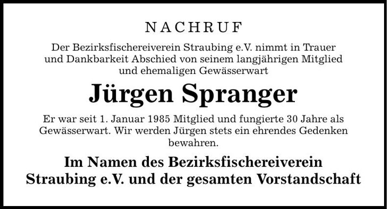 Traueranzeige Jürgen Spranger