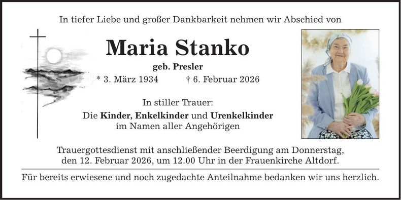 Traueranzeige Maria Stanko