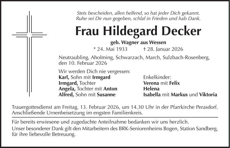 Traueranzeige Hildegard Decker