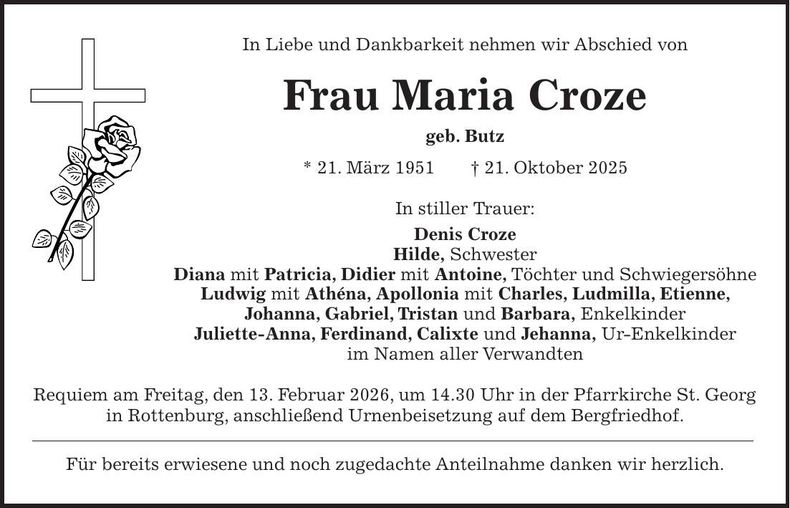 Traueranzeige Maria Croze