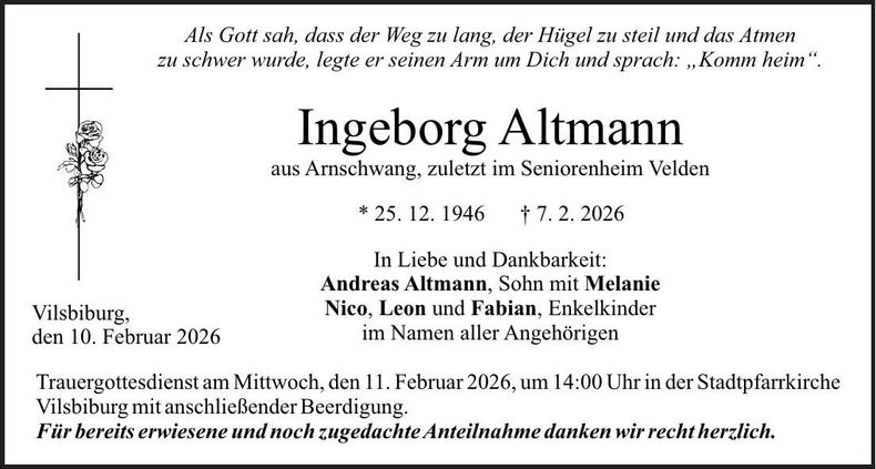 Traueranzeige Ingeborg Altmann
