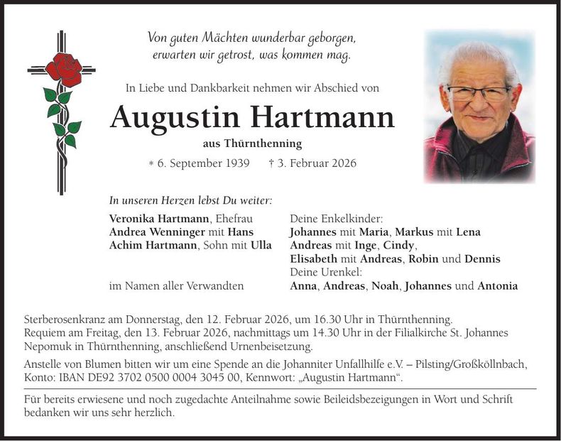 Traueranzeige Augustin Hartmann