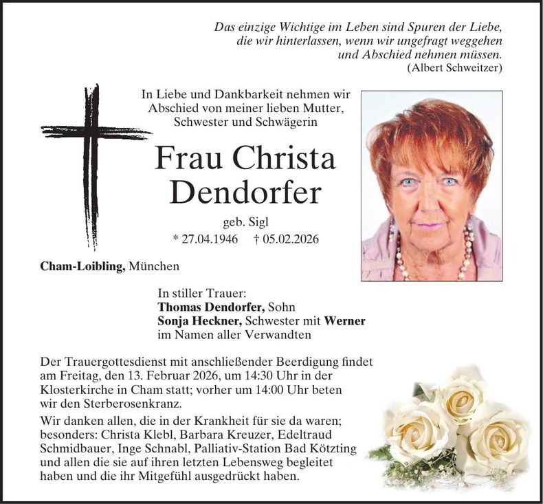 Traueranzeige Christa Dendorfer