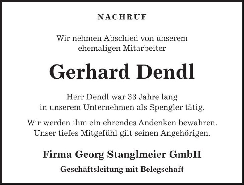 Traueranzeige Gerhard Dendl