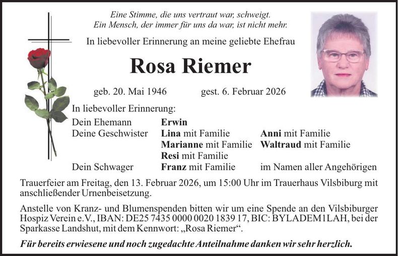 Traueranzeige Rosa Riemer