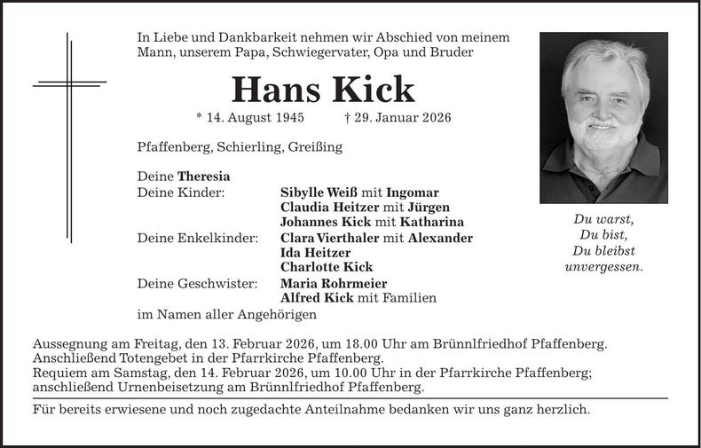Traueranzeige Hans Kick