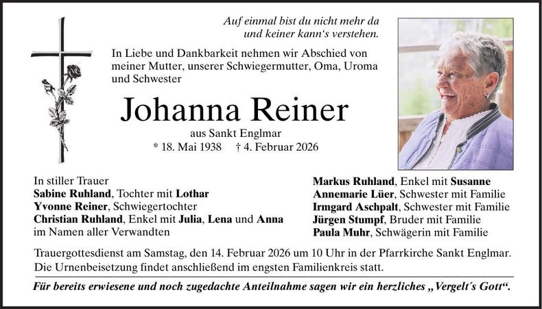 Traueranzeige Reiner Johanna