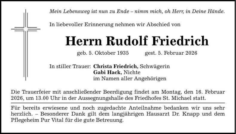 Traueranzeige Rudolf Friedrich